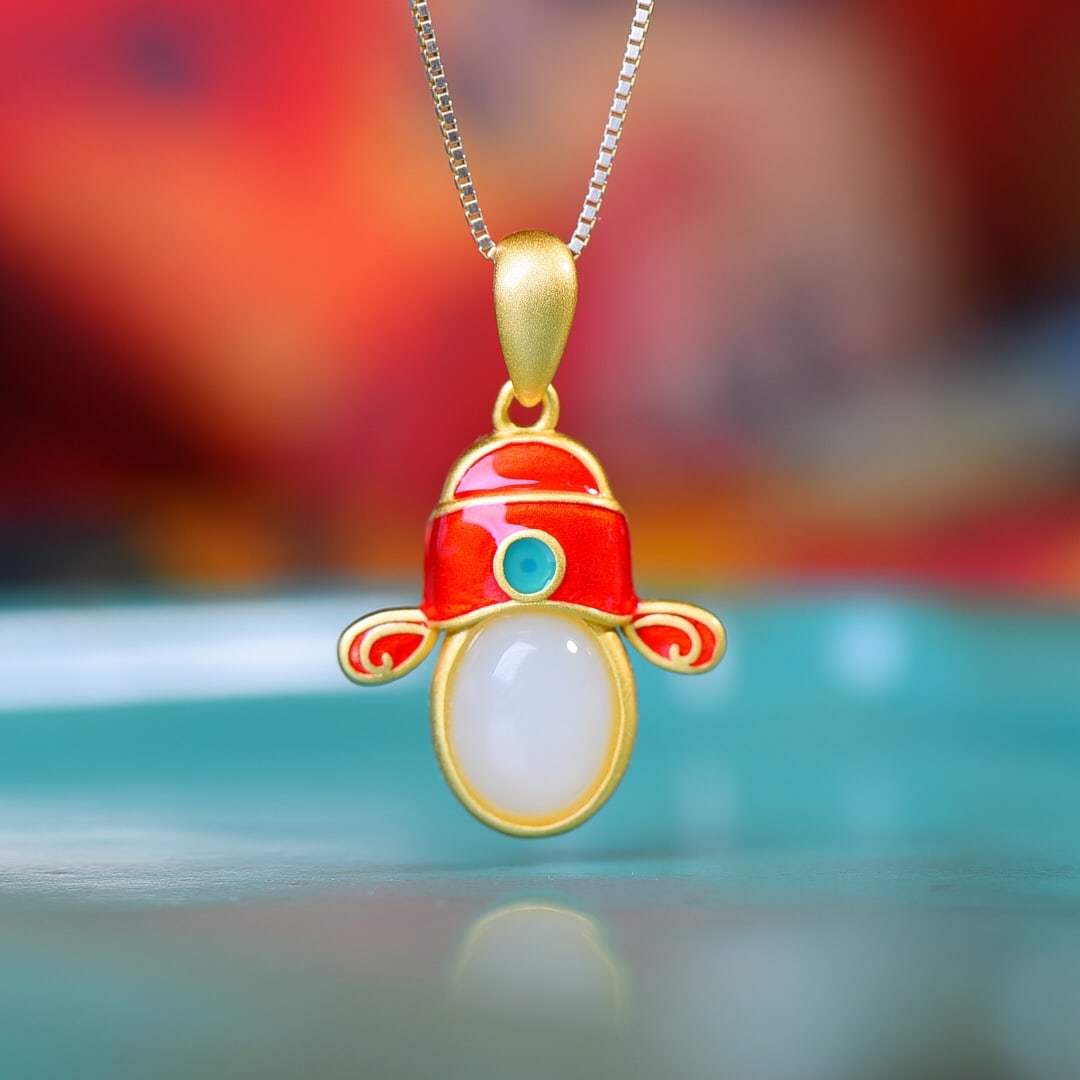 An Exquisite Sterling Silver-Gold Plated Inlaid White Jade Enamel Pendant: An Exquisite Sterling Silver-Gold Plated Inlaid White Jade Enamel Pendant,Size:7mmx9mm 纯银镀金镶白玉珐琅吊坠