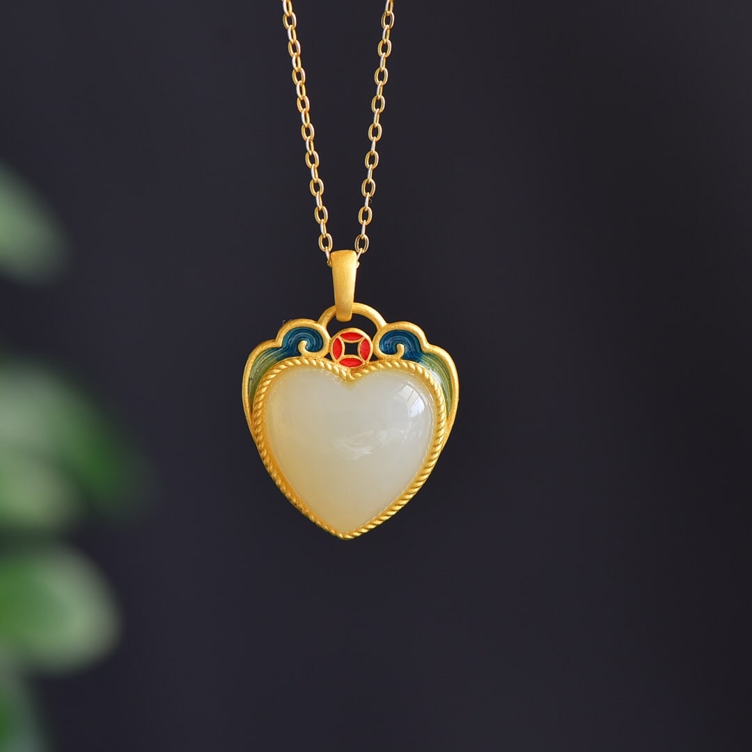 An Exquisite Sterling Silver-Gold Plated Inlaid White Jade Enamel Pendant: An Exquisite Sterling Silver-Gold Plated Inlaid White Jade Enamel Pendant 纯银镀金镶白玉珐琅吊坠
