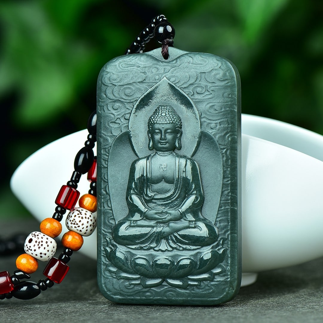 An Exquisite Sapphire Auspicious Cloud,Landscape and Buddha Pattern Pendant: An Exquisite Sapphire Auspicious Cloud,Landscape and Buddha Pattern Pendant,Size:41mmx72mm (寓意)吉祥 保平安 