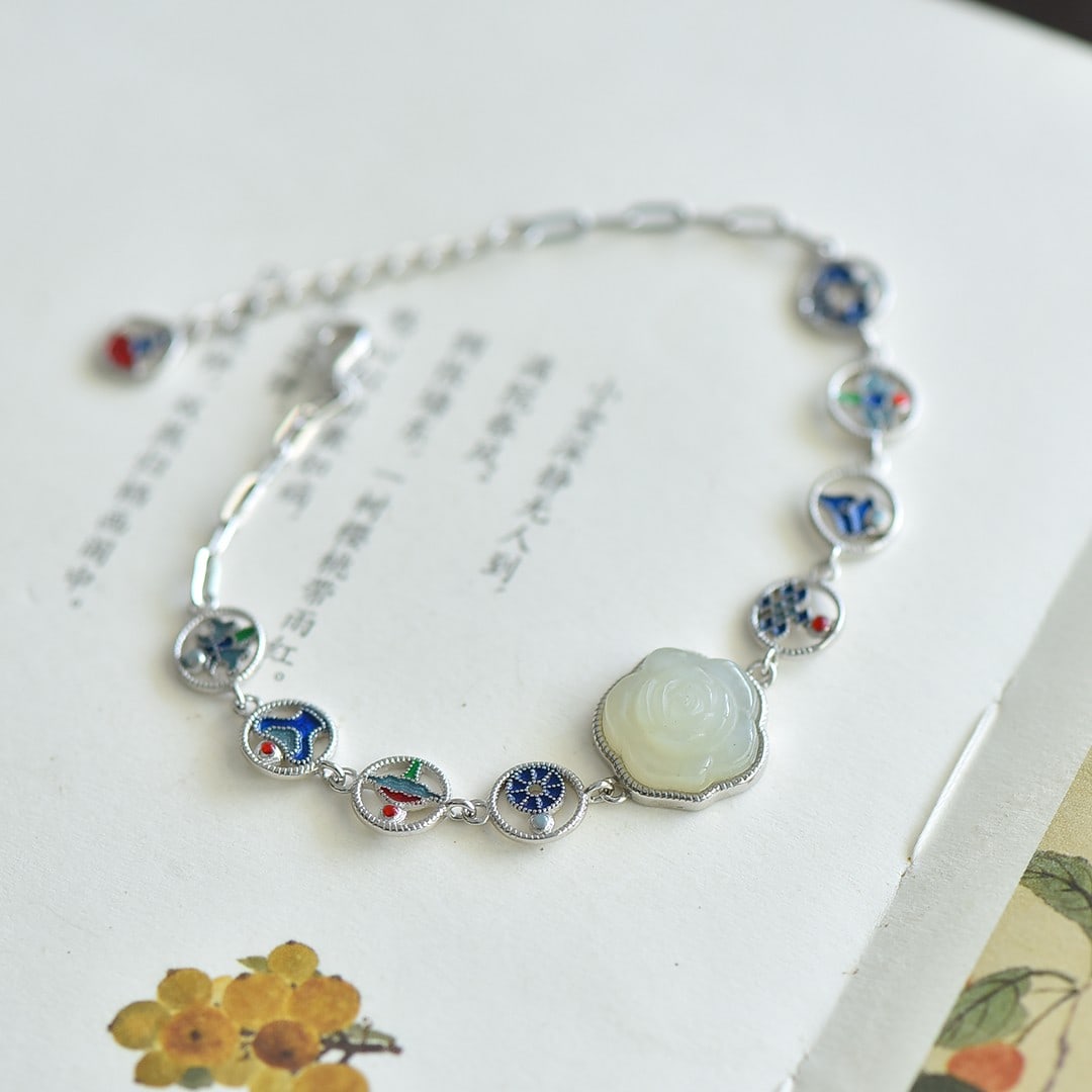 An Exquisite Sterling Silver Inlaid White Jade Enamel Bracelet: An Exquisite Sterling Silver Inlaid White Jade Enamel Bracelet 纯银镶白玉珐琅手链