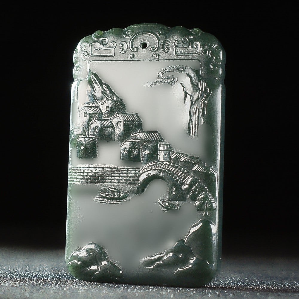 An Exquisite Sapphire Landscape and Figure Pattern Pendant: An Exquisite Sapphire Landscape and Figure Pattern Pendant,Size:41mmx68mm (寓意)吉祥山水牌,款式新颖独特,雕工&#