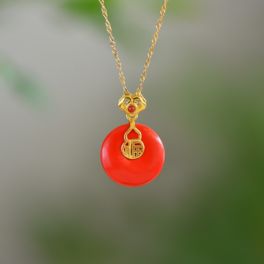 An Exquisite Sterling Silver-Gold Plated Inlaid Cinnabar Pendant: An Exquisite Sterling Silver-Gold Plated Inlaid Cinnabar Pendant,Size:18mmx18mm 寓意:福寿双全,平安是福 