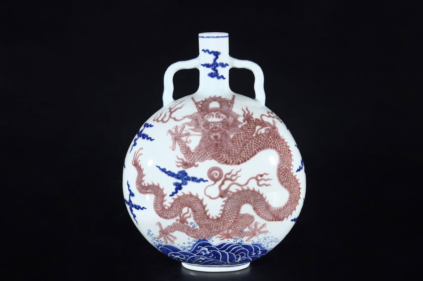 A Exquisite Blue and White Underglaze-Red Dragon Pattern Vase: A Exquisite Blue and White Underglaze-Red Dragon Pattern Vase,Qing Dynasty, China,Qianlong Six-character Mark,Size:12.2inx9.4in 