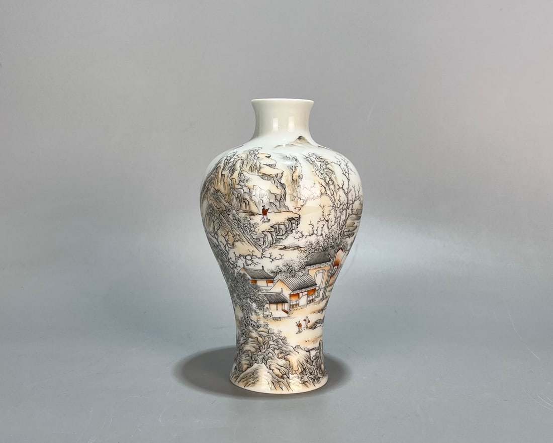 A Exquisite Ink Color Landscape and Figures Pattern Vase: A Exquisite Ink Color Landscape and Figures Pattern Vase,Republic of China,With Mark,Size:4.2inx7.2in 
