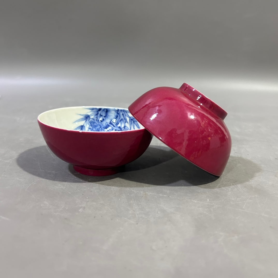 A pair of Exquisite Ruby Red-Glazed Blue and White Flower and Bird Pattern Cup: A pair of Exquisite Ruby Red-Glazed Blue and White Flower and Bird Pattern Cup,Qing Dynasty, China,Yongzheng Six-character Mark,Size:3.5inx1.6in 
