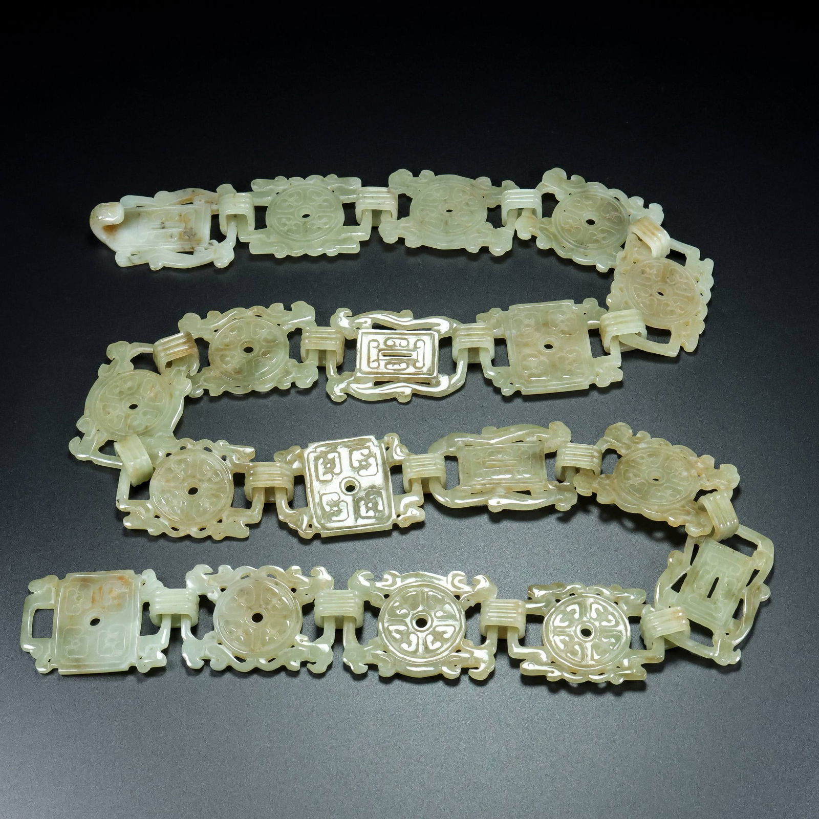 A Exquisite Hotan Jade Dragon Phoenix Pattern Belt: A Exquisite Hotan Jade Dragon Phoenix Pattern Belt,Han Dynasty, China,Size:43.3inx1.6inx1in 和田玉龙凤纹玉腰带,中国汉代