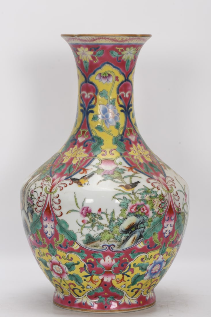 A Exquisite Famille-Rose Yellow-Ground Flower and Bird-Pattern Vase: A Exquisite Famille-Rose Yellow-Ground Flower and Bird-Pattern Vase,Qing Dynasty, China,Qianlong Four-character Mark,Size:13.8inx4.5inx8.6inx5.3in 粉彩黄地花鸟ń