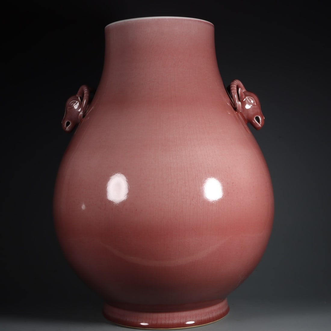 A Exquisite Red Glaze Sheep Head Double-Ears Vase: A Exquisite Red Glaze Sheep Head Double-Ears Vase,Qing Dynasty, China,Qianlong Six-character Mark,Size:20.1inx7.6inx9in 