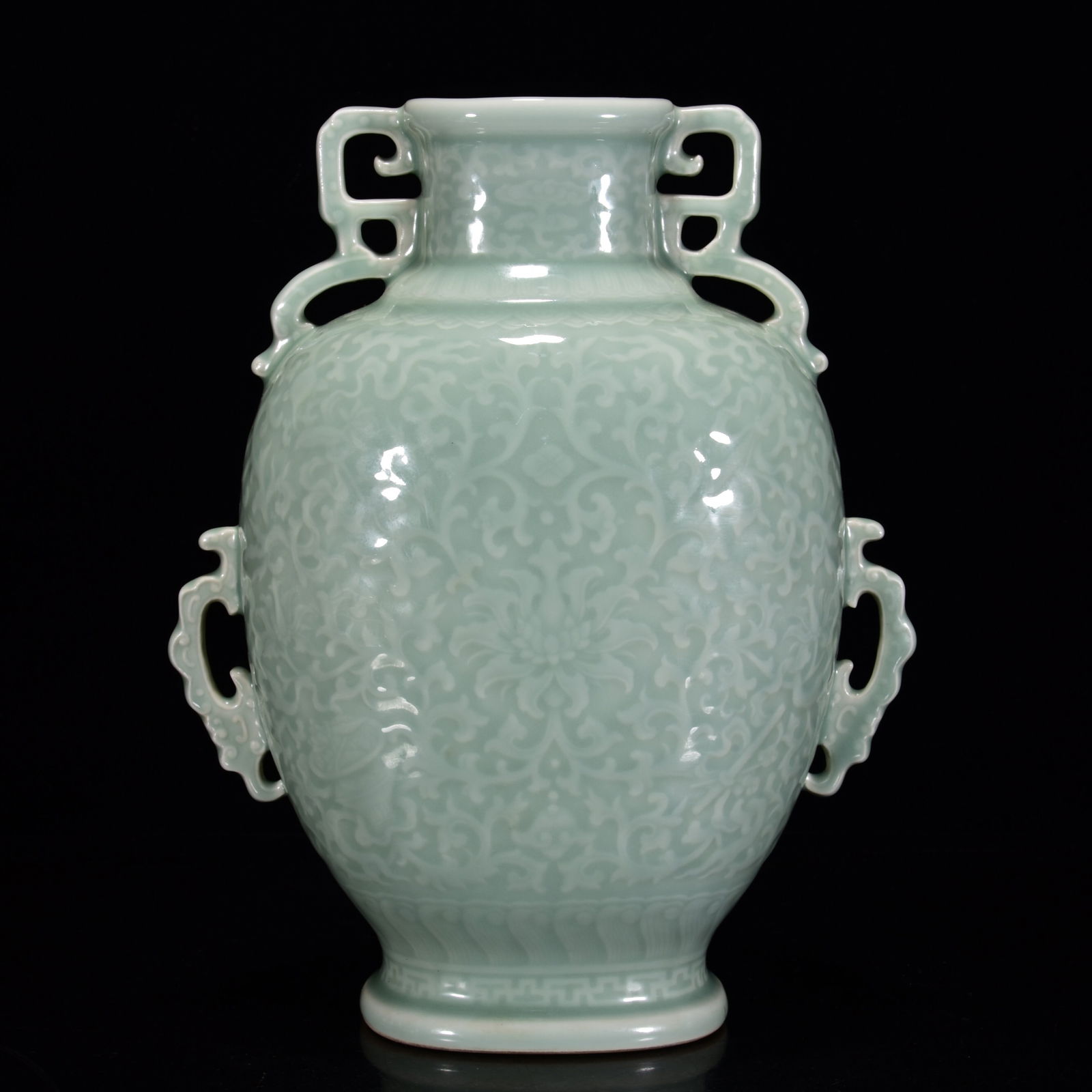 A Rare Celadon Glazed Carved Flower Pattern Double-Ears Vase - 3