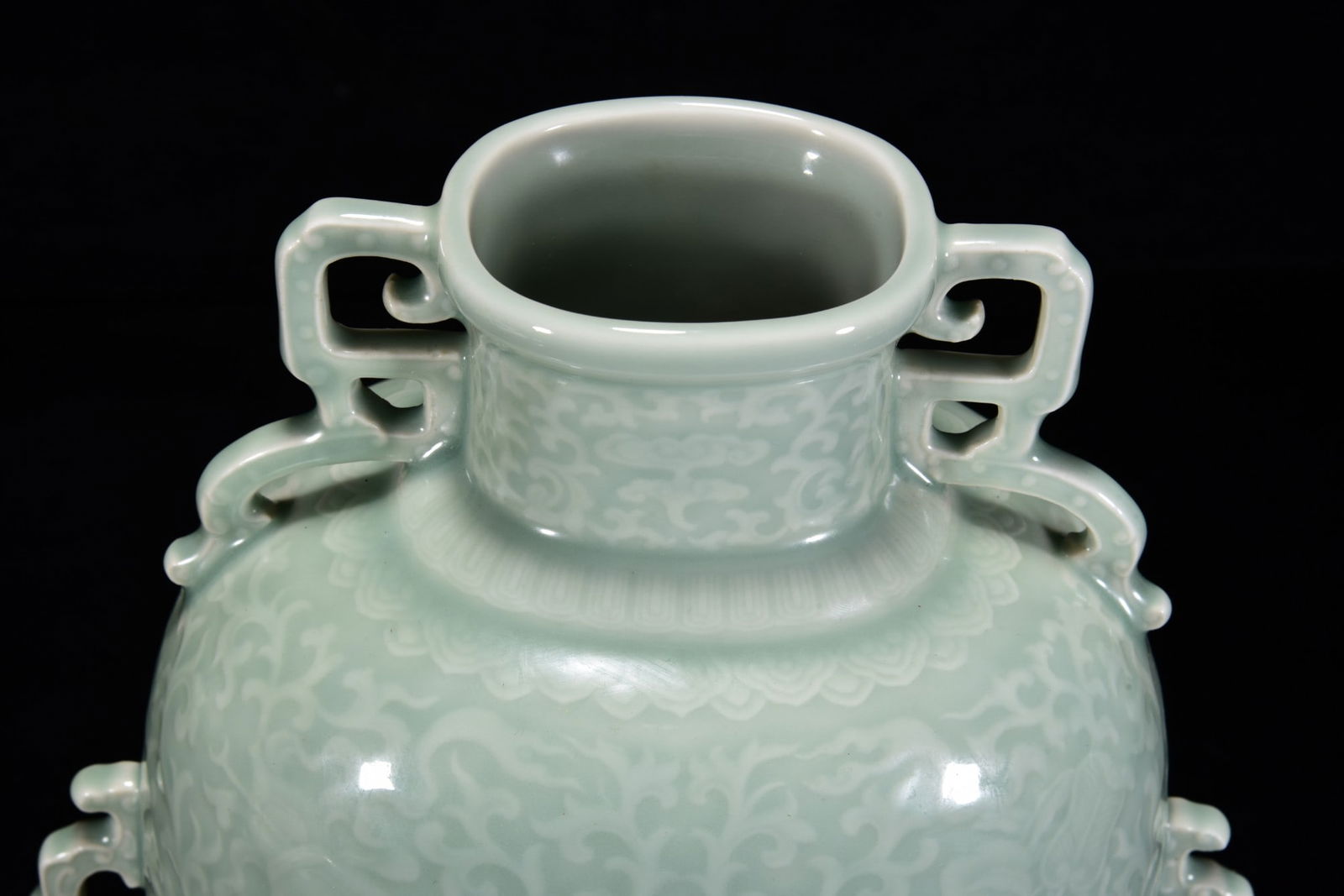 A Rare Celadon Glazed Carved Flower Pattern Double-Ears Vase - 4