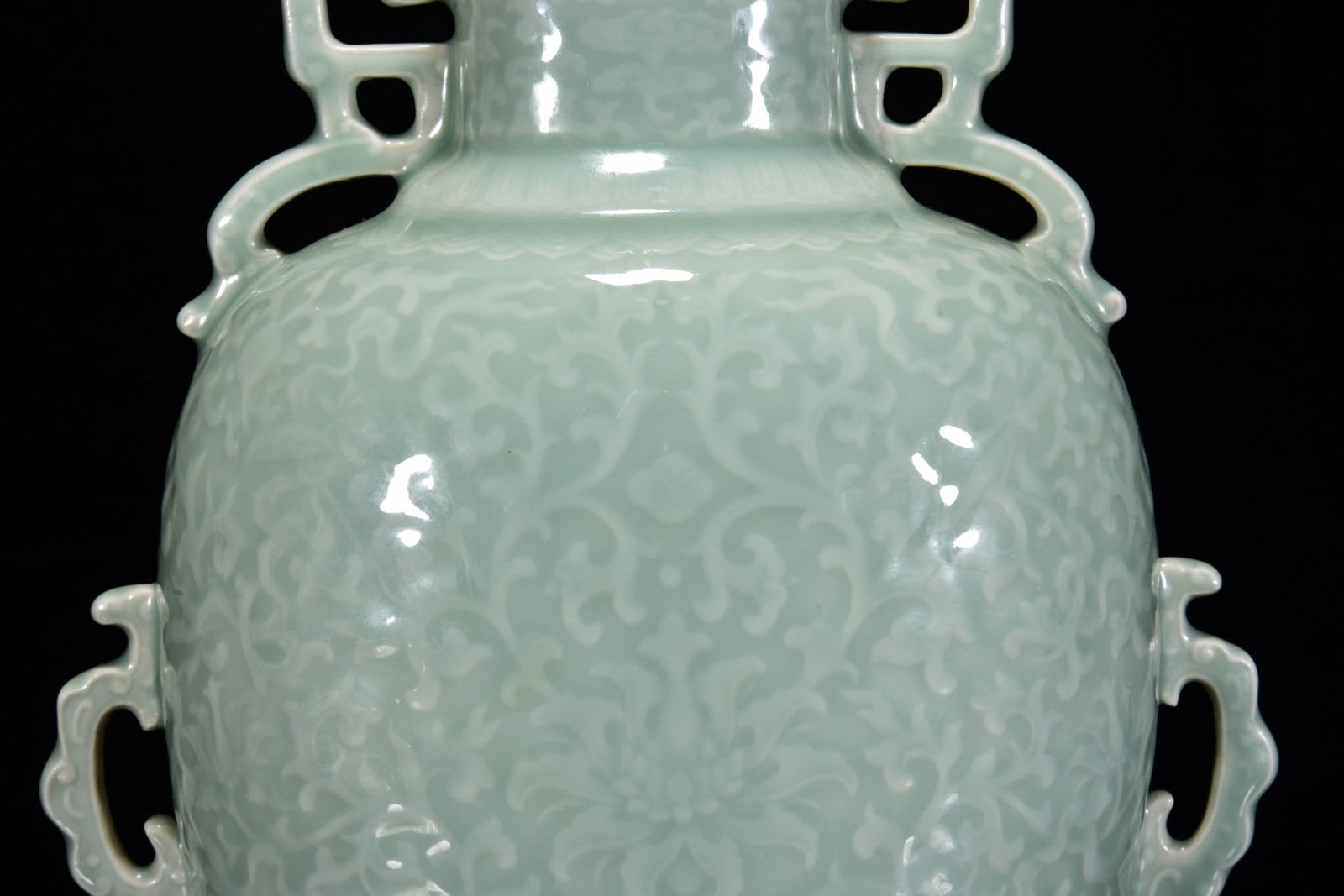 A Rare Celadon Glazed Carved Flower Pattern Double-Ears Vase - 6