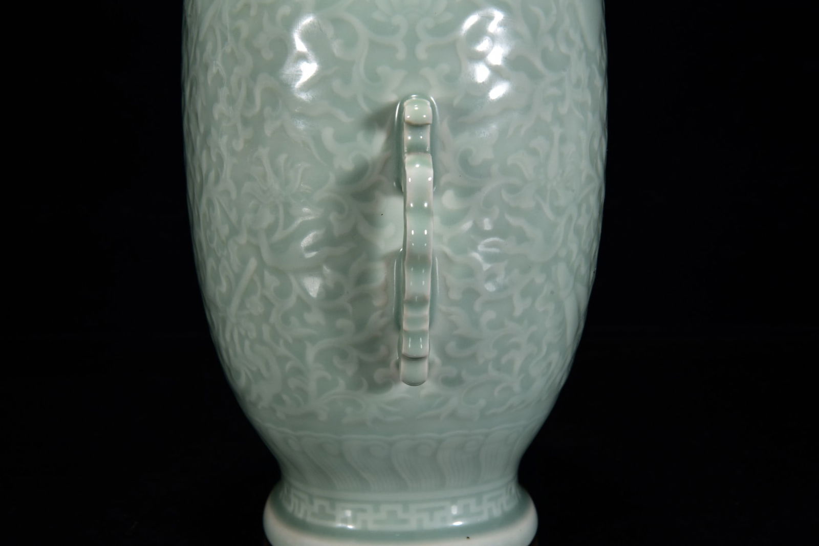 A Rare Celadon Glazed Carved Flower Pattern Double-Ears Vase - 7