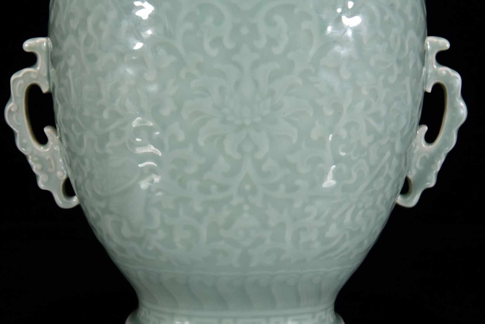 A Rare Celadon Glazed Carved Flower Pattern Double-Ears Vase - 8