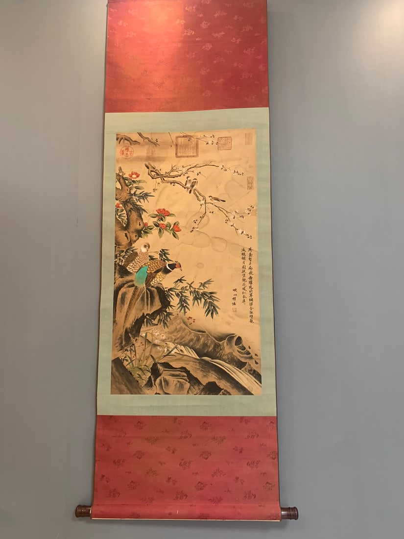 A Chinese Vertical Scroll Ink Painting of Flower and Bird on Paper: A Chinese Vertical Scroll Ink Painting of Flower and Bird on Paper,Qing Dynasty, China,Hu Mei,without frame size:19.7inx33.5in 