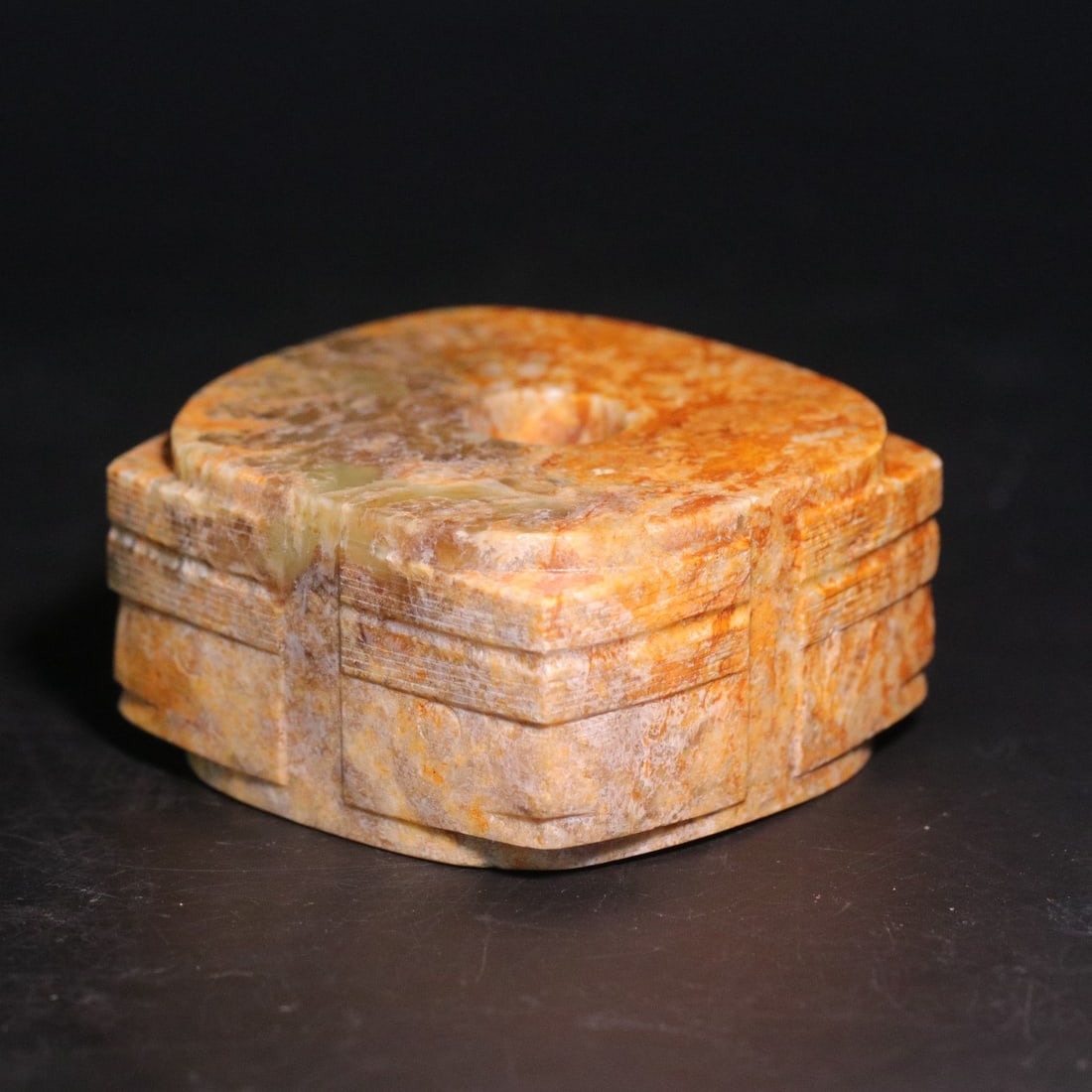 A Exquisite Gaogu Jade Beast-Face Pattern Ornament: A Exquisite Gaogu Jade Beast-Face Pattern Ornament,Ancient Time, China,Size:2.1inx2.1inx1.1in,Weight:220.2g 高古玉兽面纹玉琮,远古时