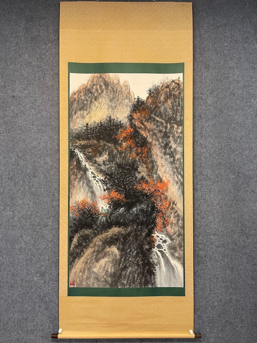 A Chinese Vertical Scroll Ink Painting of Landscape on Paper: A Chinese Vertical Scroll Ink Painting of Landscape on Paper,Modern Time of China,Fu Baoshi,without frame size:43.3inx108.3in 
