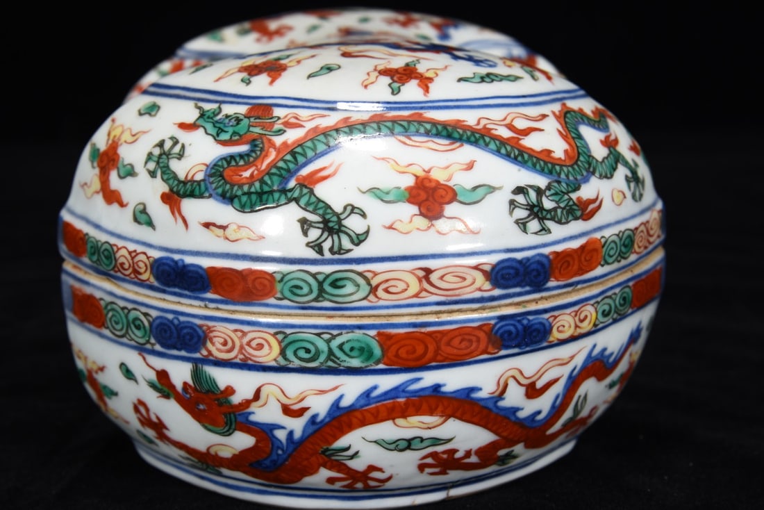 A Rare Wucai Dragon Pattern Ink Box - 8