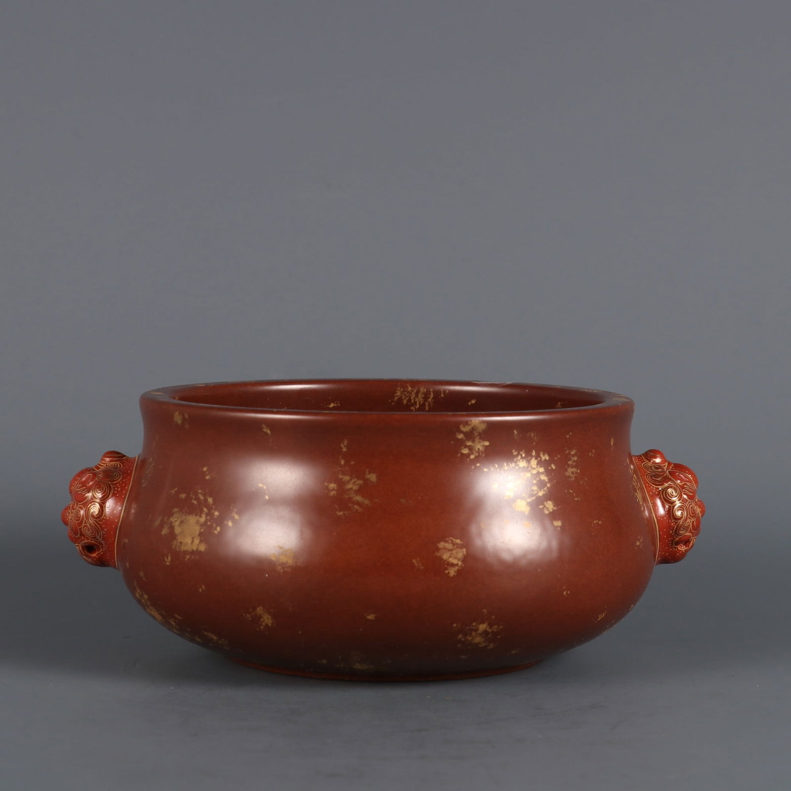 A Rare Ancient Bronze Glaze Gold Splashed Beast Ear Censer: A Rare Ancient Bronze Glaze Gold Splashed Beast Ear Censer,Qing Dynasty, China,Qianlong Four-character Mark,Size:2.6inx4.7in 