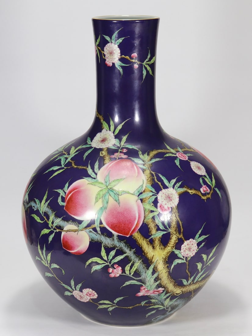 A Exquisite Aubergine Glaze Ground Bats and Peach Pattern Vase: A Exquisite Aubergine Glaze Ground Bats and Peach Pattern Vase,Qing Dynasty, China,Qianlong Six-character Mark,Size:21.7inx4.7in 