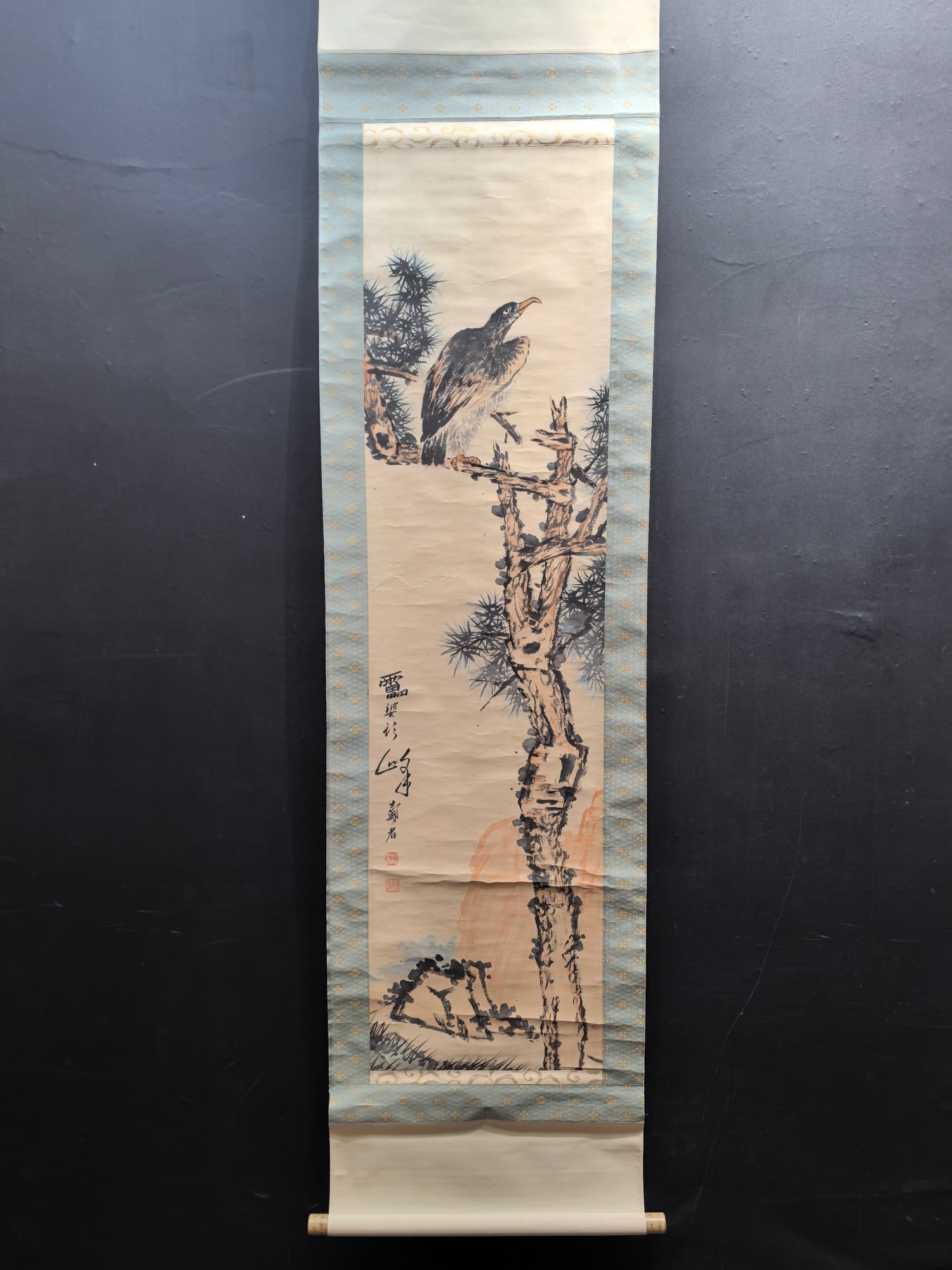 A Chinese Vertical Scroll Ink Painting of Eagle on Paper: A Chinese Vertical Scroll Ink Painting of Eagle on Paper,Modern Time of China,Pan Tianshou,without frame size:13.3inx50.9in 