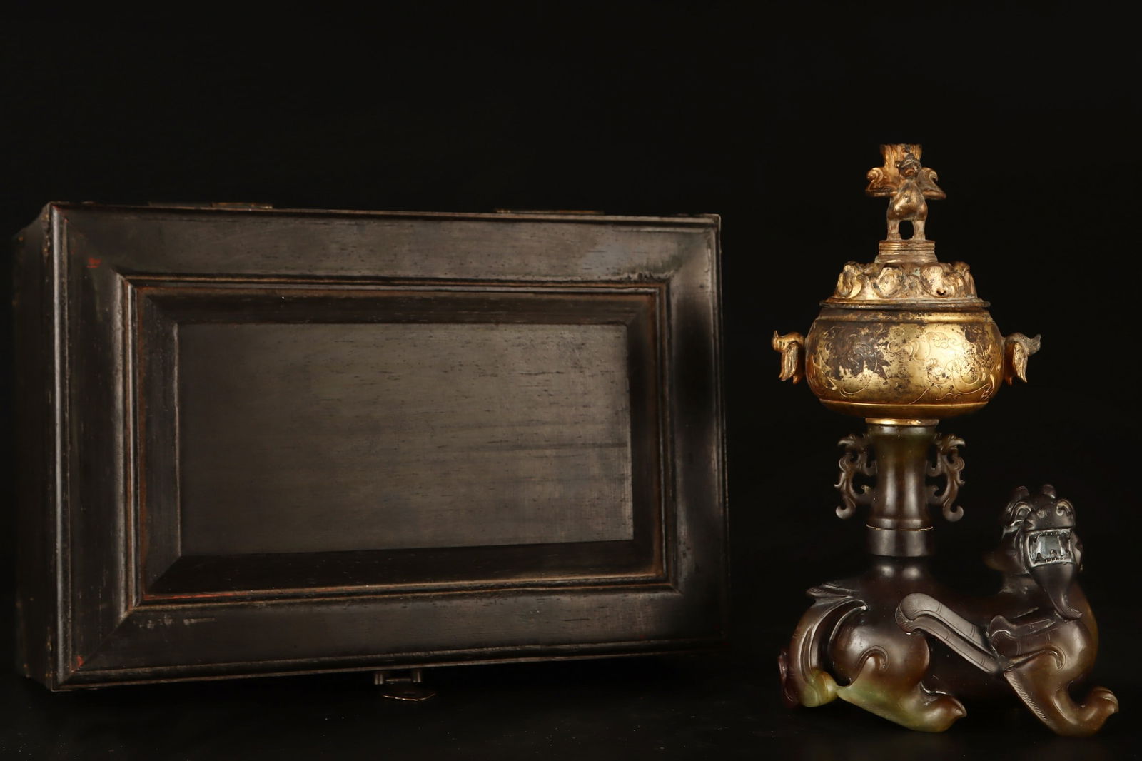 Silver Gilt Jade-Inlaid Auspicious Beast Ornament: Silver Gilt Jade-Inlaid Auspicious Beast Ornament,Ancient Time, China,Size:10.2inx4.3in,Weight:1229g 