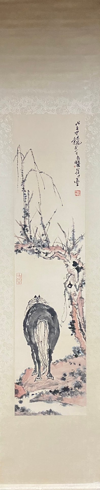 A Chinese Vertical Scroll Ink Painting of Horse on Paper: A Chinese Vertical Scroll Ink Painting of Horse on Paper,Modern Time of China,Pan Tianshou,without frame size:54.7inx13.4in 