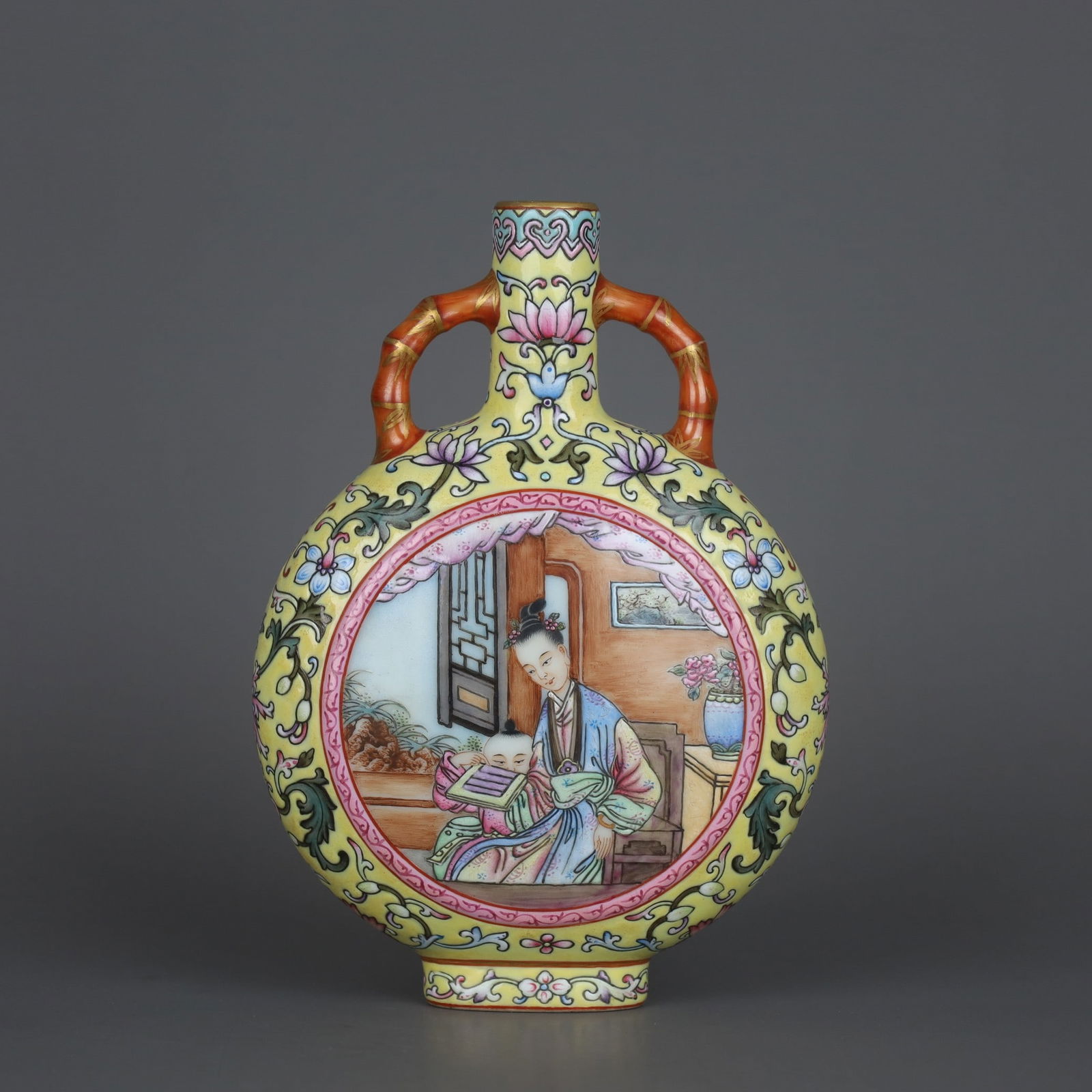 A Exquisite Yellow Ground Famille-Rose Figures Pattern Double-Ears Vase: A Exquisite Yellow Ground Famille-Rose Figures Pattern Double-Ears Vase,Qing Dynasty, China,Yongzheng Six-character Mark,Size:6.4inx4.6in 