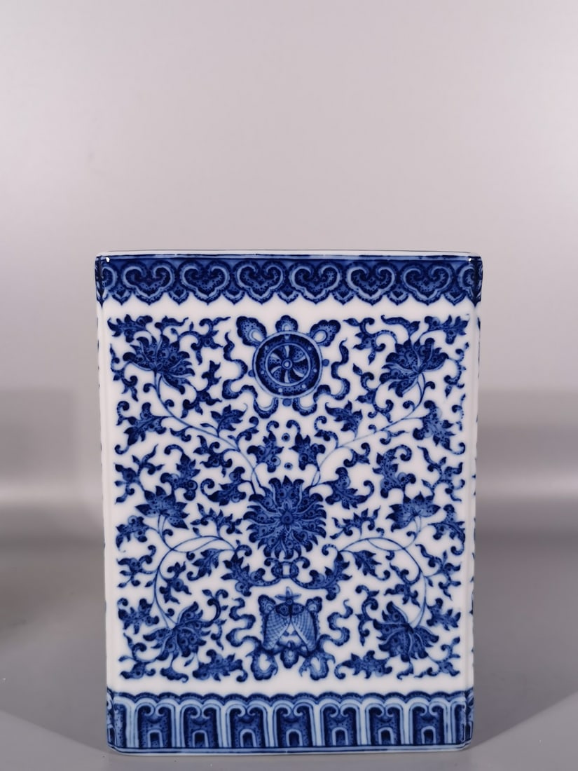 A Exquisite Blue and White Lotus Eight Treasures Pattern Brush Pot: A Exquisite Blue and White Lotus Eight Treasures Pattern Brush Pot,Qing Dynasty, China,Qianlong Six-character Mark,Size: 6.1inx3.3inx4.5in 