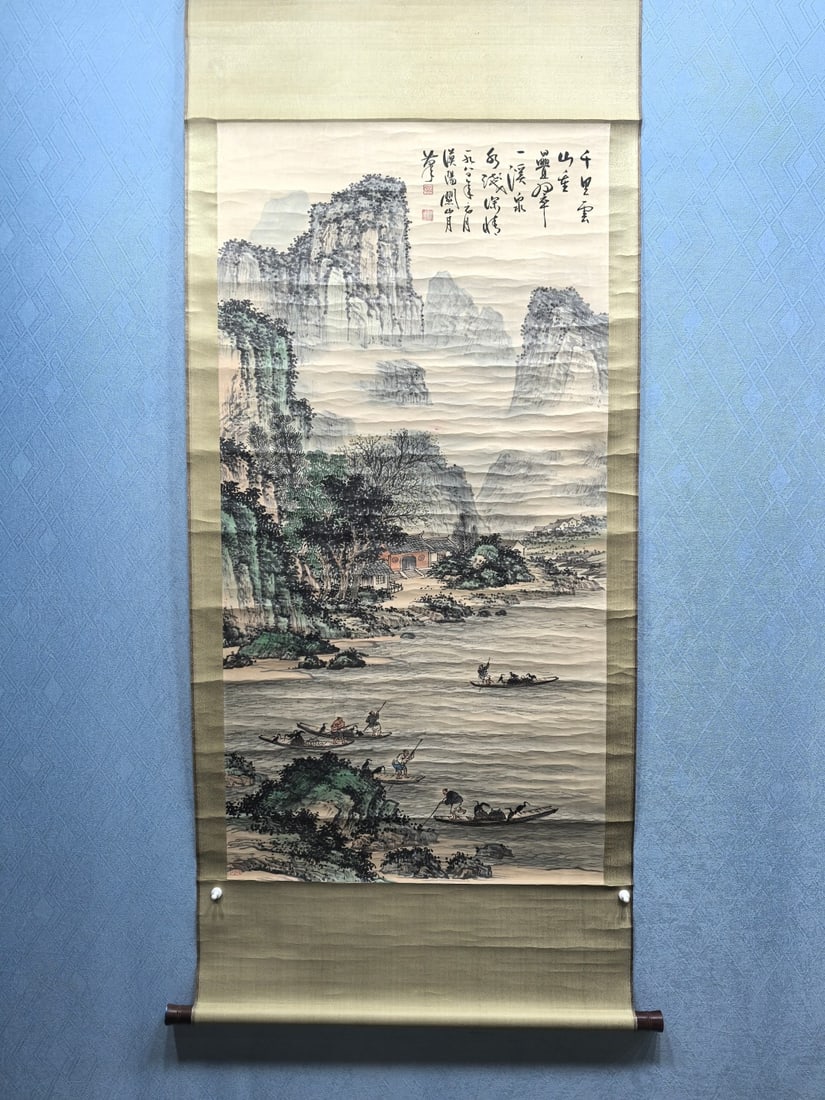 A Chinese Vertical Scroll Ink Painting of Landscape on Paper: A Chinese Vertical Scroll Ink Painting of Landscape on Paper,Modern Time of China,Guan Shanyue,without frame size:27.2inx53.3in 
