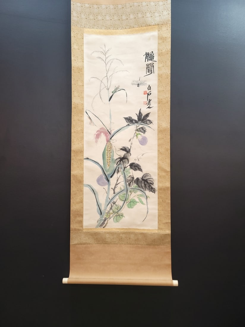 A Chinese Vertical Scroll Ink Painting of Flower and Bird on Paper: A Chinese Vertical Scroll Ink Painting of Flower and Bird on Paper,Modern Time of China,Qi Baishi,without frame size:15.9inx41.7in 