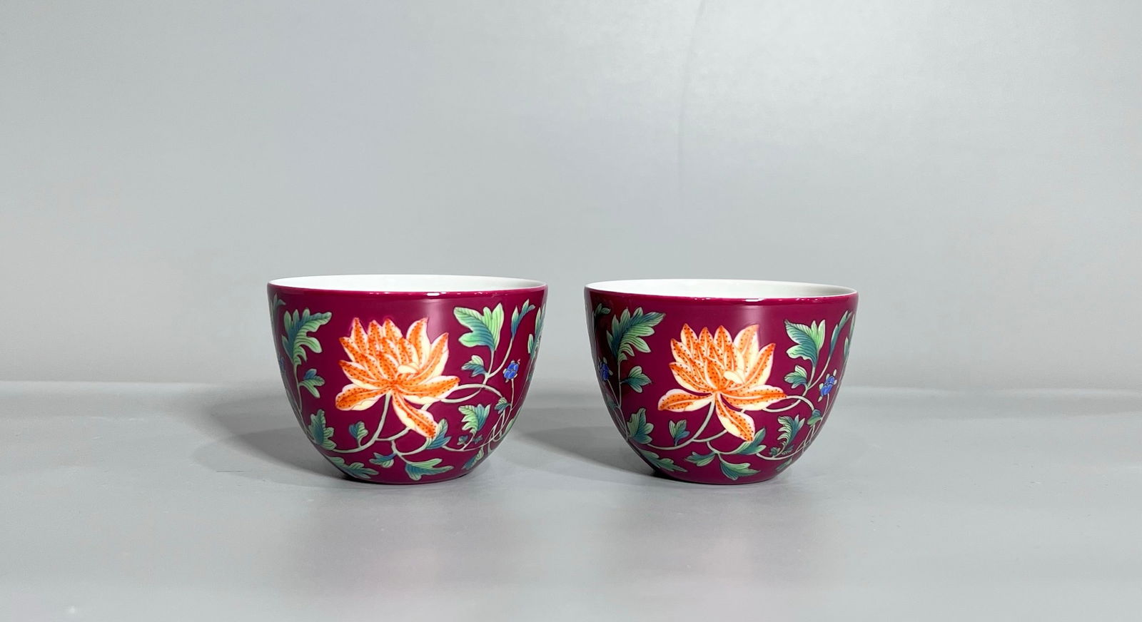 A pair of Exquisite Ruby Red-Glazed Ground Famille-Rose Flower Pattern Cup (1 of 8)