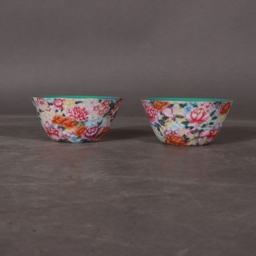A pair of Exquisite Enamel Flower Pattern Cup: A pair of Exquisite Enamel Flower Pattern Cup,Qing Dynasty, China,Yongzheng Four-character Mark,Size:1.6inx3.3inx1.6in 