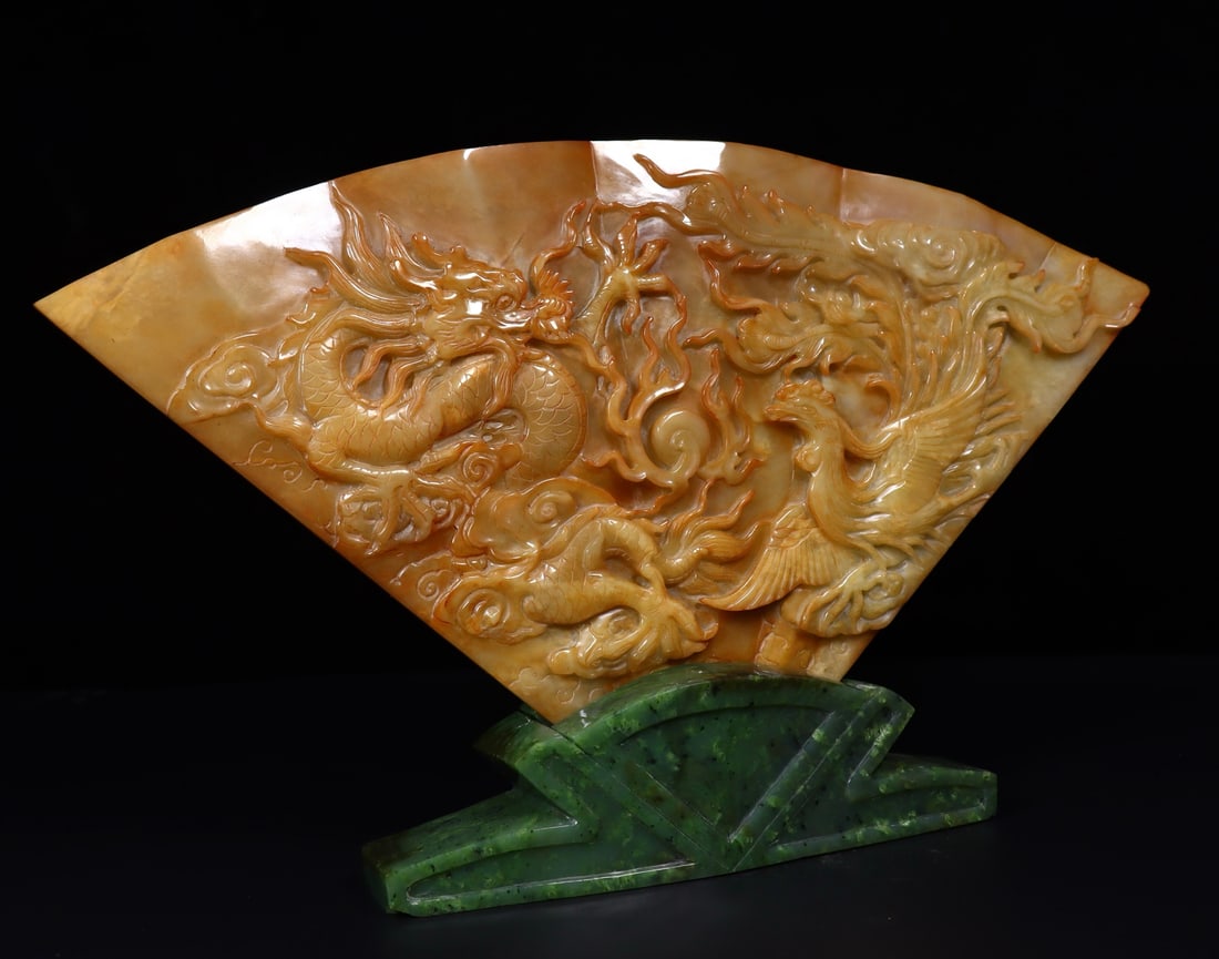 A Exquisite Hetian Jade Dragon Pattern Fan - 5