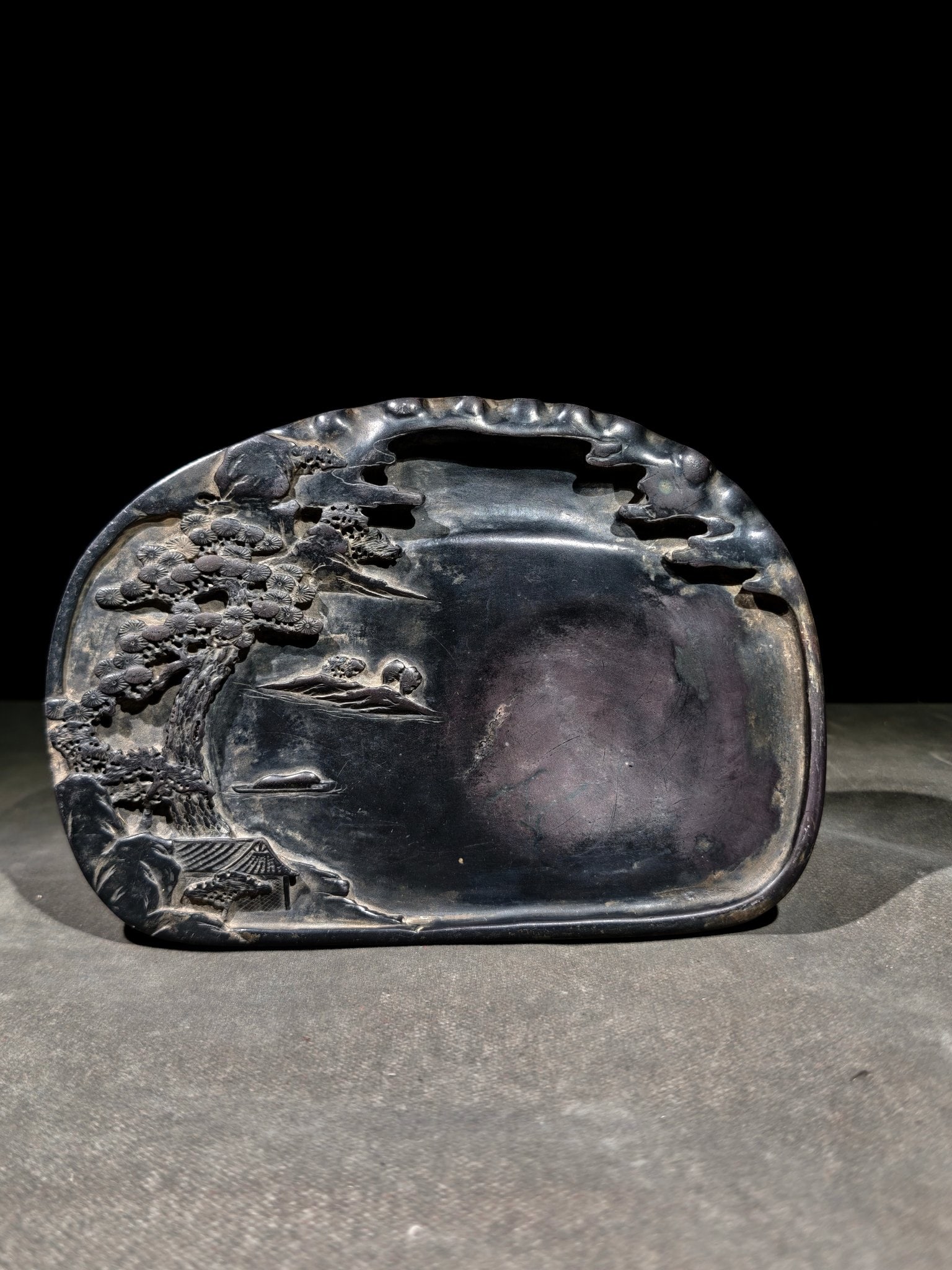 A Exquisite Landscape Pattern Inkstone: A Exquisite Landscape Pattern Inkstone,Qing Dynasty, China,With Mark,Size:8.5inx5.9inx1.2in 山水纹砚台,中国清代,带款