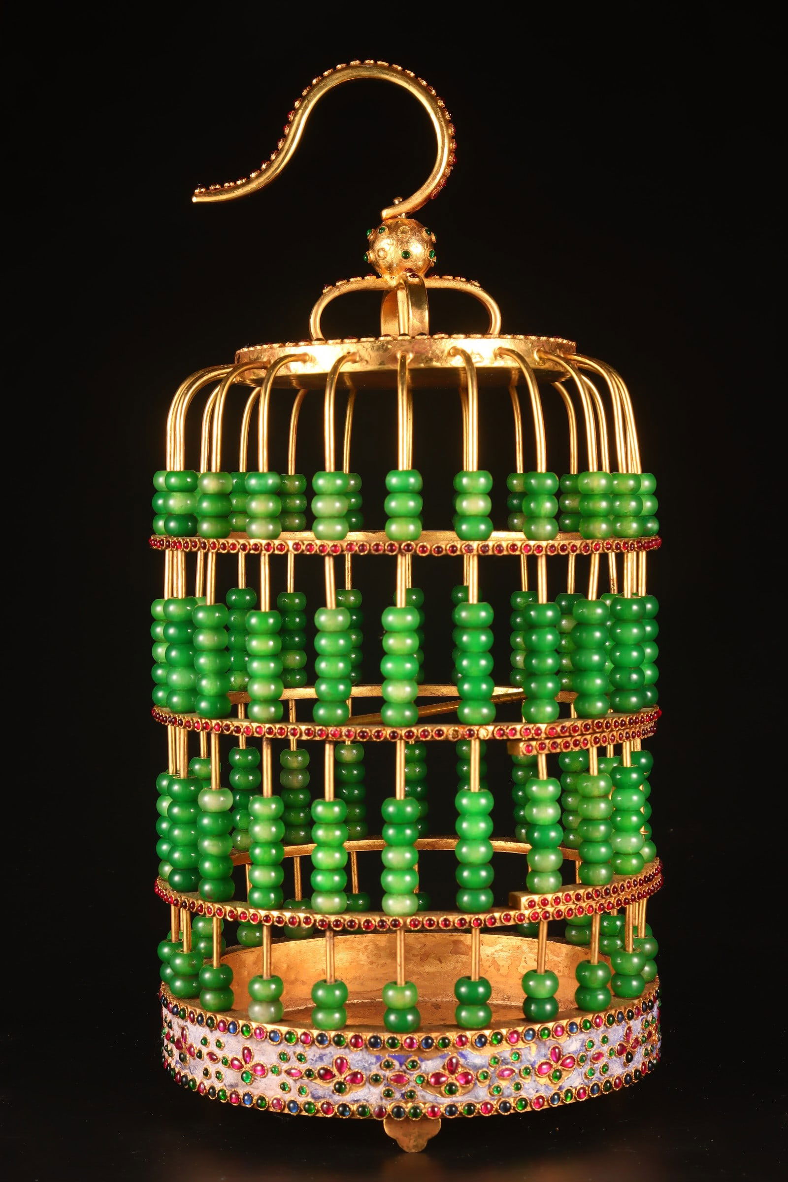Bronze Gilt Jadeite Bird Cage: Bronze Gilt Jadeite Bird Cage,Qing Dynasty, China,Qianlong Four-character Mark,Size:7.9inx7.9inx16.1in,Weight:3236g 
