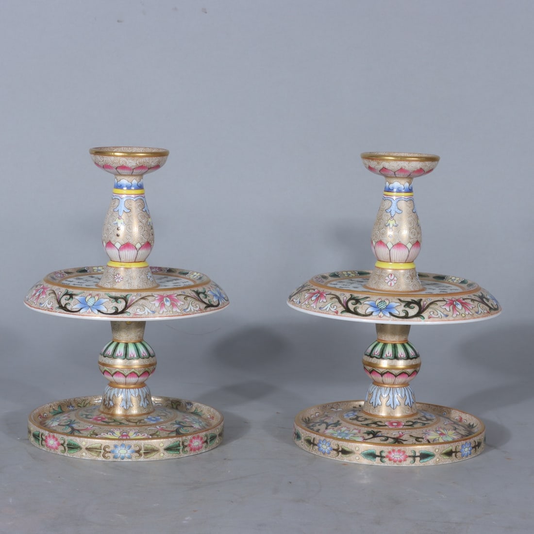 A pair of Exquisite Enamel Painted Gold Flower Pattern Candlesticks (1 of 9)