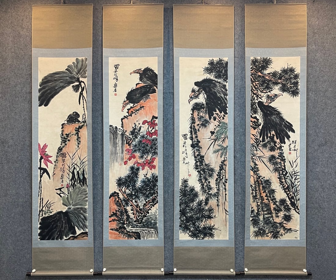 A Set of Chinese Vertical Scroll Ink Paintings of Flower and Bird on Paper: A Set of Chinese Vertical Scroll Ink Paintings of Flower and Bird on Paper,Modern Time of China,Pan Tianshou,without frame size:23.6inx104.3in 