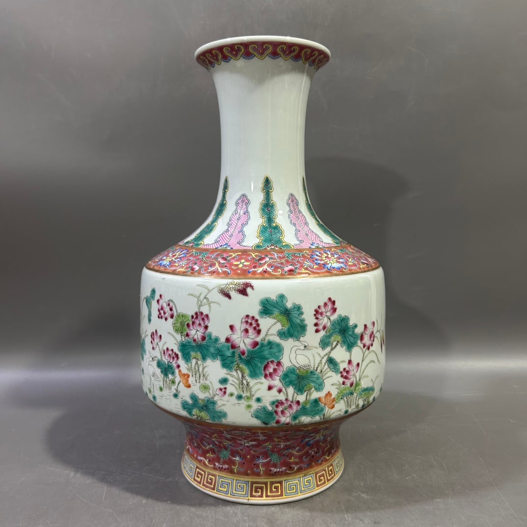A Exquisite Famille-Rose Lotus Pattern Vase: A Exquisite Famille-Rose Lotus Pattern Vase,Qing Dynasty, China,Jiaqing Six-character Mark,Size:7.1inx14.2in 