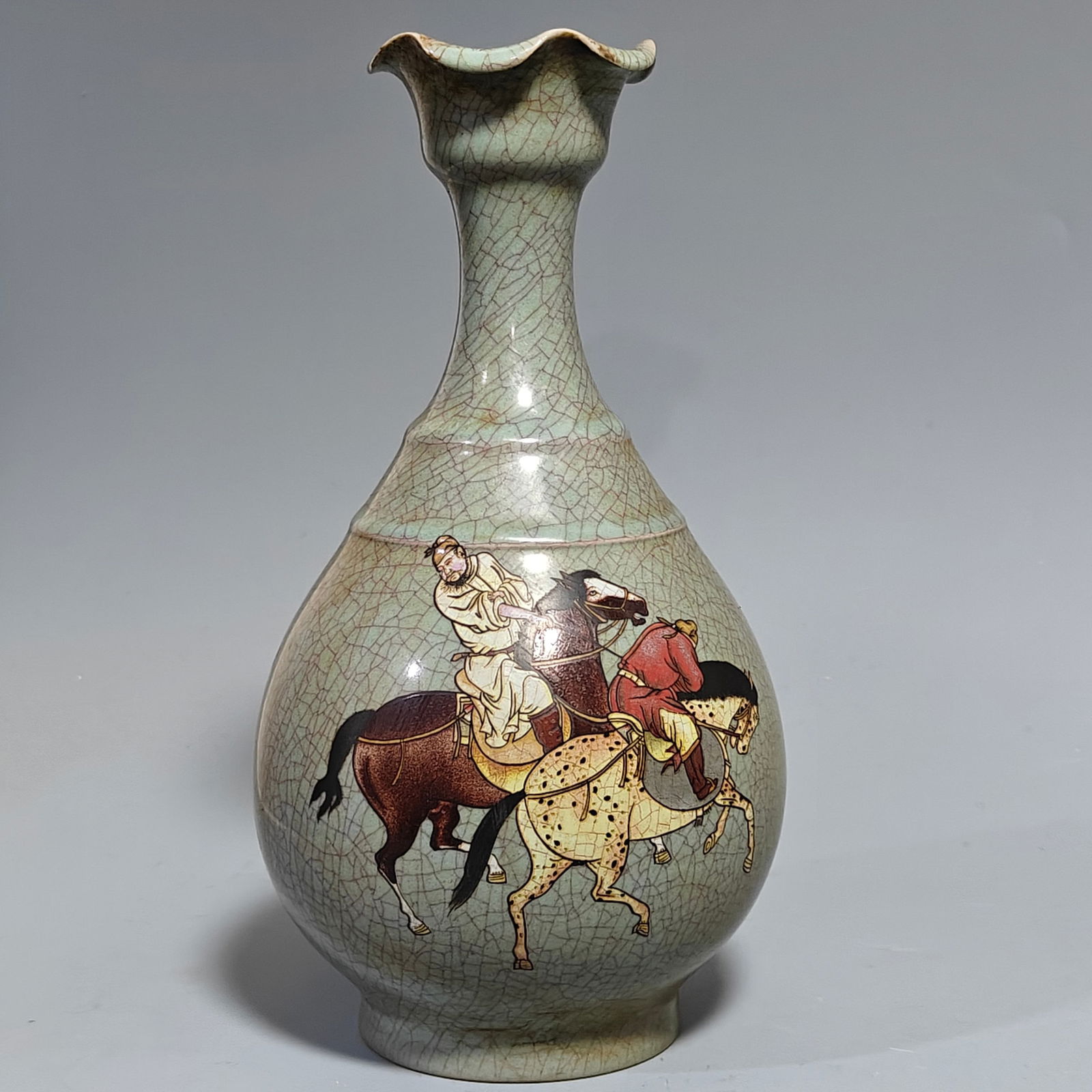 A Exquisite Ru yao Porcelain Painted Color Figures Pattern Vase: A Exquisite Ru yao Porcelain Painted Color Figures Pattern Vase,Song Dynasty, China,With Mark,Size:11inx5.1in 
