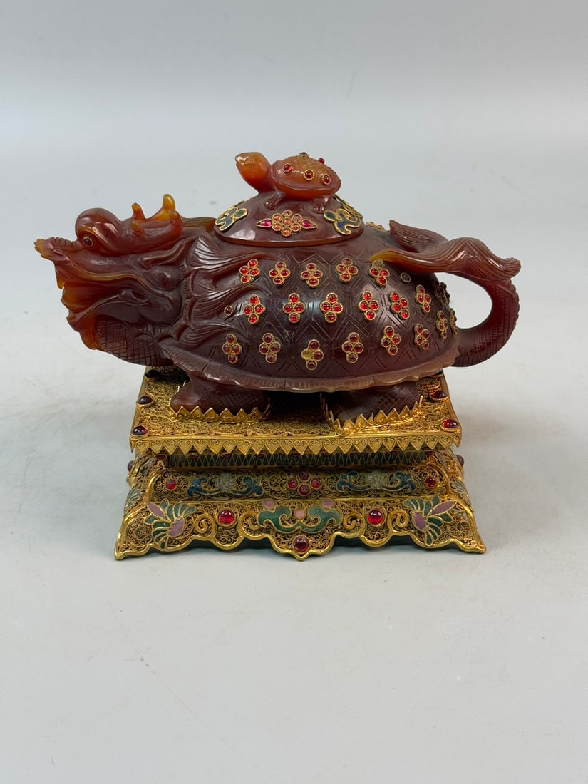 A Exquisite Cloisonne Gold-Plated Inlaid Agate Dragon Ewer: A Exquisite Cloisonne Gold-Plated Inlaid Agate Dragon Ewer,Qing Dynasty, China,Qianlong Four-character Mark,Size:6.7inx8.7in,Weight:1763g 
