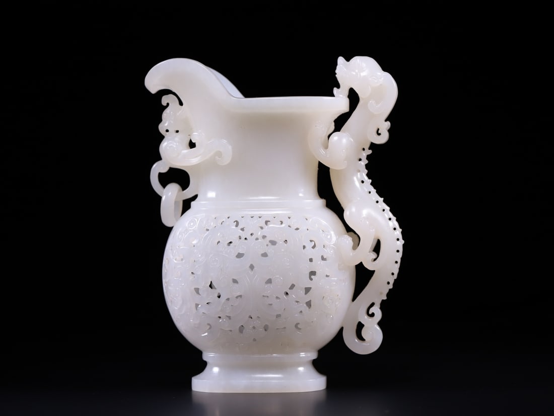 A Exquisite Hotan Jade Dragon Phoenix Ears Goblet: A Exquisite Hotan Jade Dragon Phoenix Ears Goblet,Qing Dynasty, China,Size:4.1inx1.9inx5.4in,Weight:347.5g 