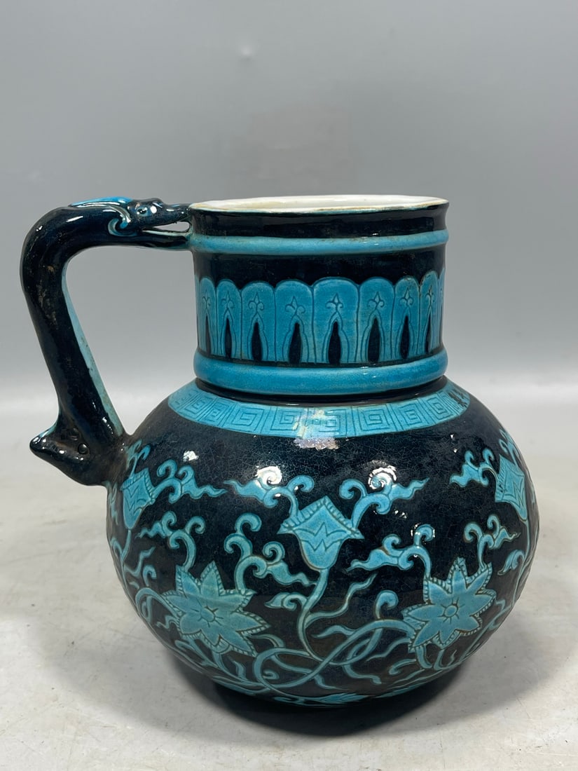 Peacock Blue Glaze Flower Pattern Ewer - 3