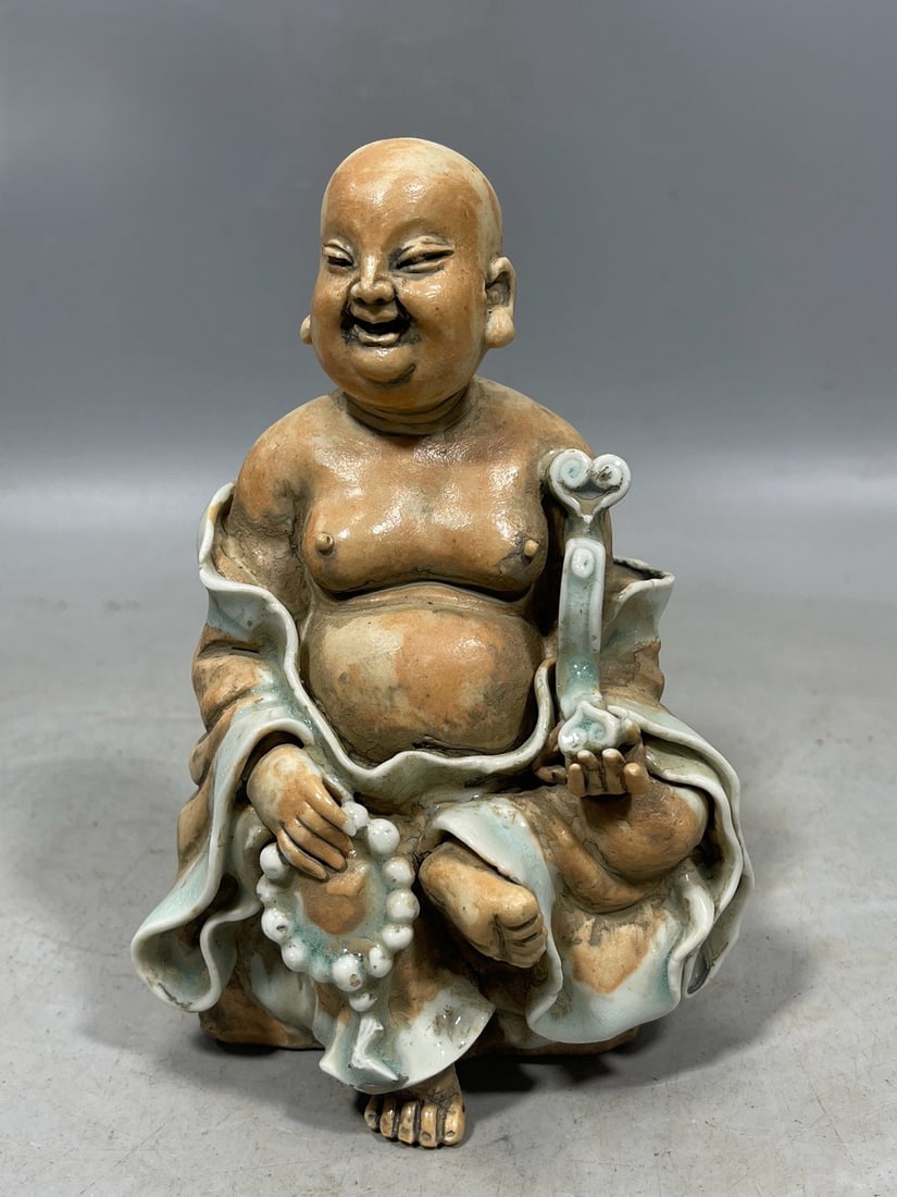 Shi Wan yao Statue of Arhat Ornament: Shi Wan yao Statue of Arhat Ornament,Republic of China,Size:6.7inx4.3in 石湾窑罗汉摆件,民国