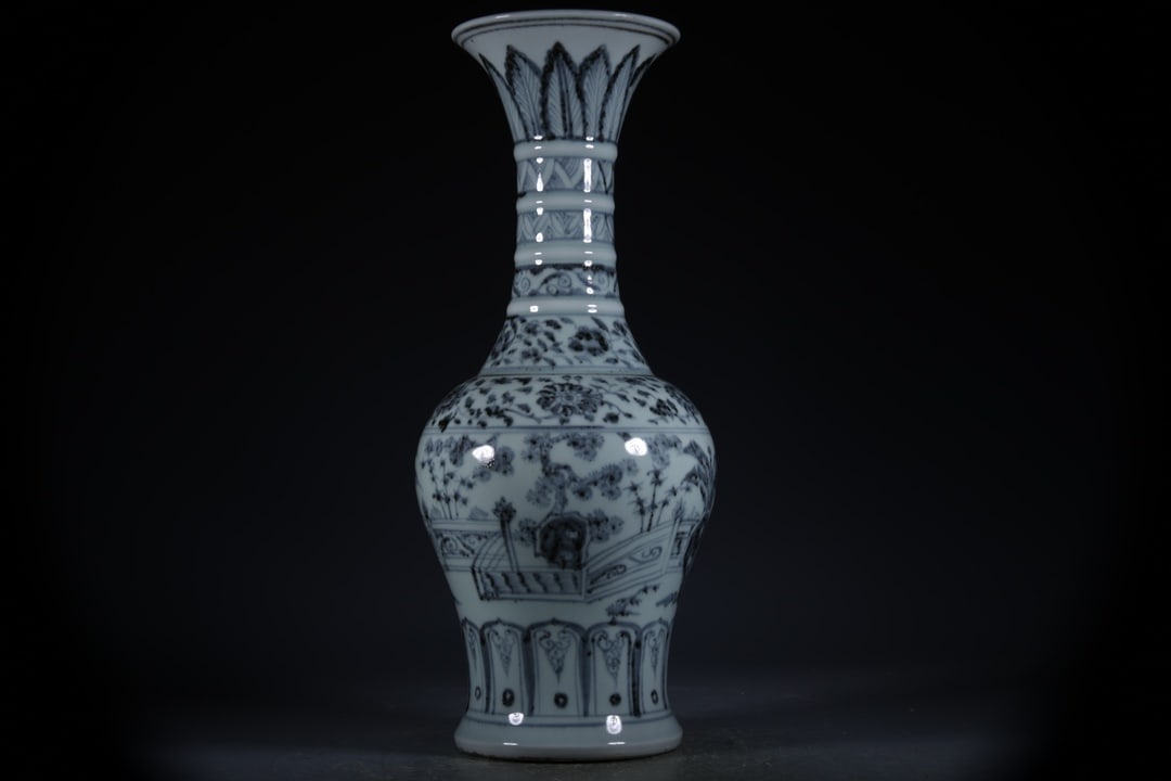 Blue and White Pine and Bamboo Pattern Vase: Blue and White Pine and Bamboo Pattern Vase,Ming Dynasty, China,Hongwu Four-character Mark,Size:15.7inx5in 