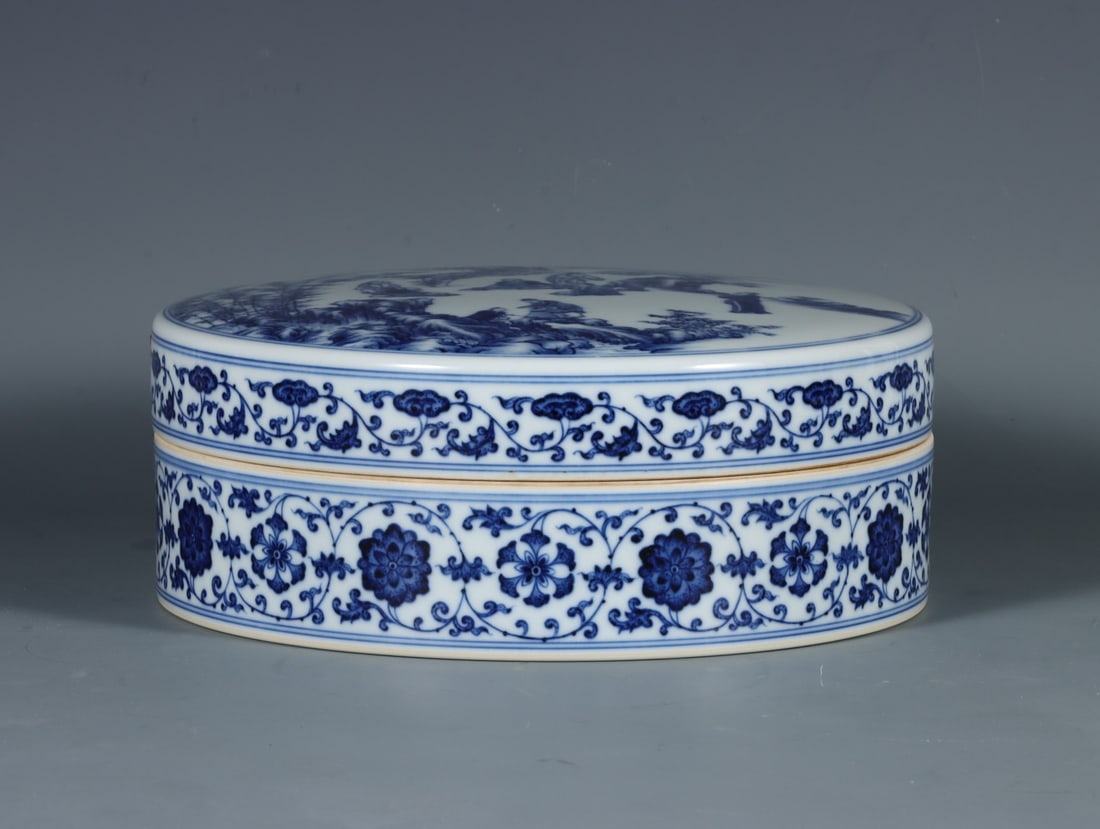 A Exquisite Blue and White Lotus Figures Pattern Box: A Exquisite Blue and White Lotus Figures Pattern Box,Qing Dynasty, China,Yongzheng Six-character Mark,Size: 3.5inx9.1inx8.3in 
