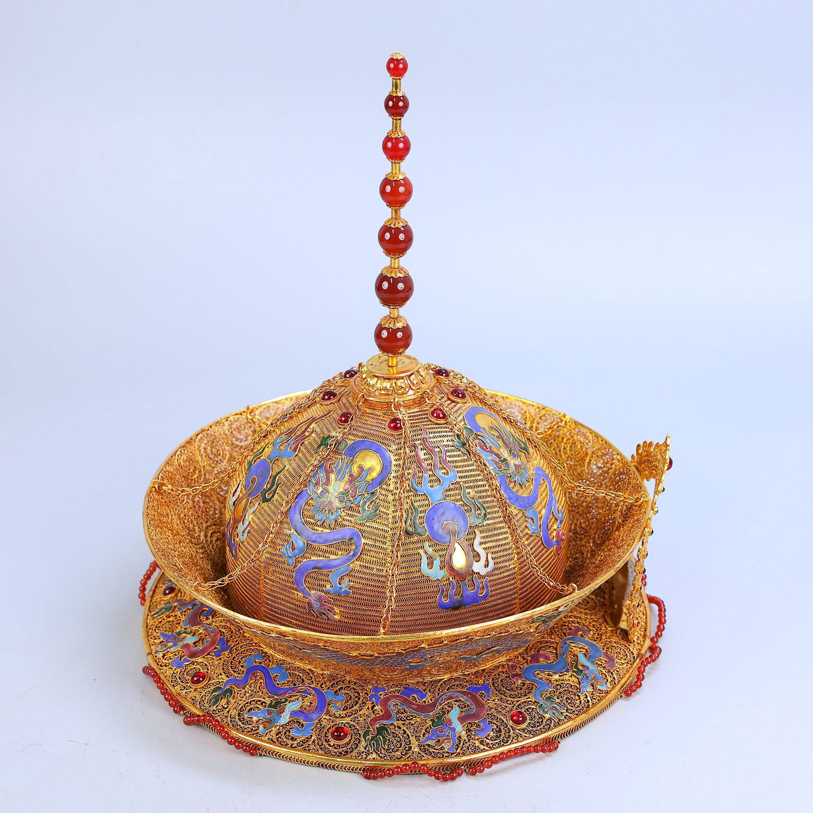 A Exquisite Cloisonne Multi-Gem Inlaid Jade Hat - 4