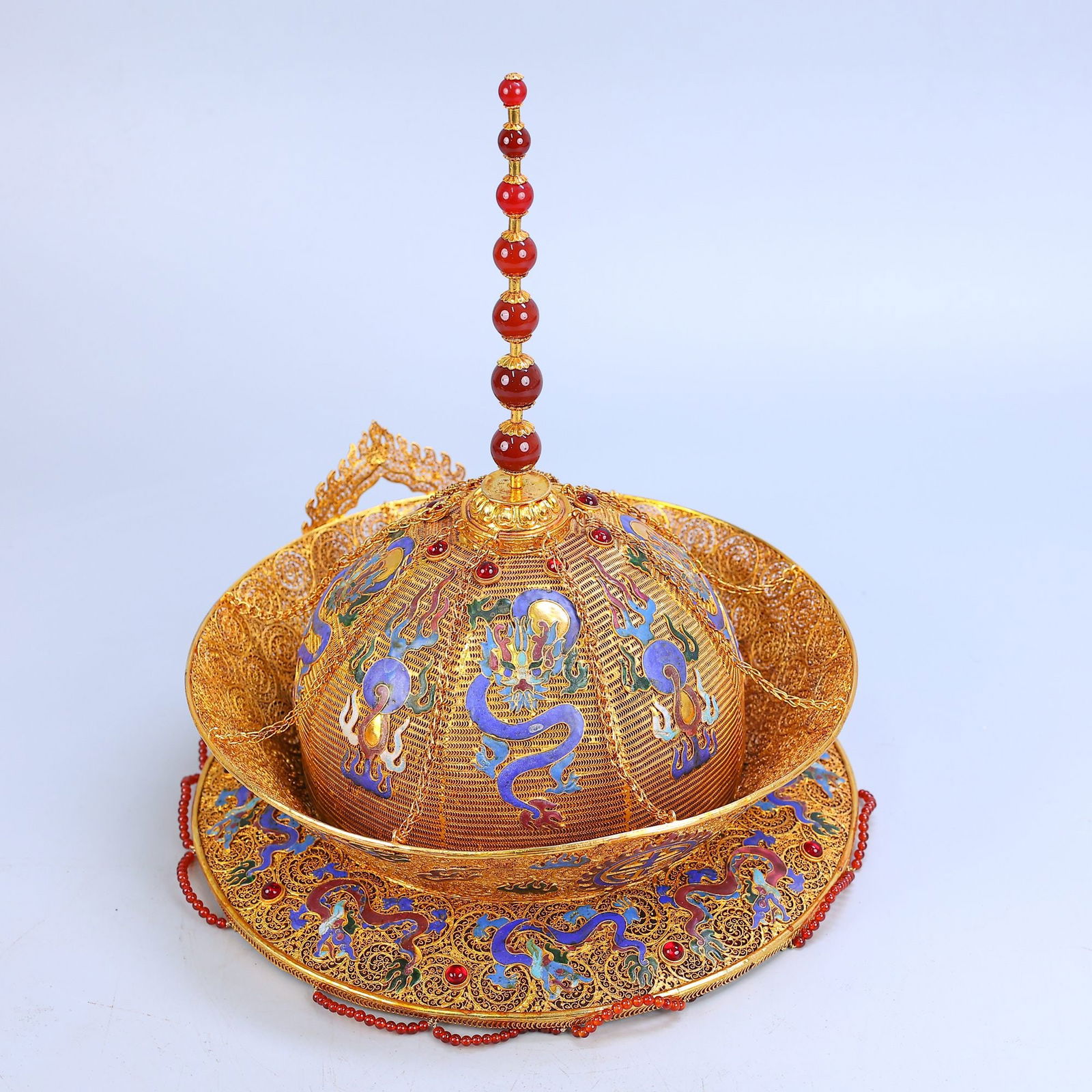 A Exquisite Cloisonne Multi-Gem Inlaid Jade Hat - 5
