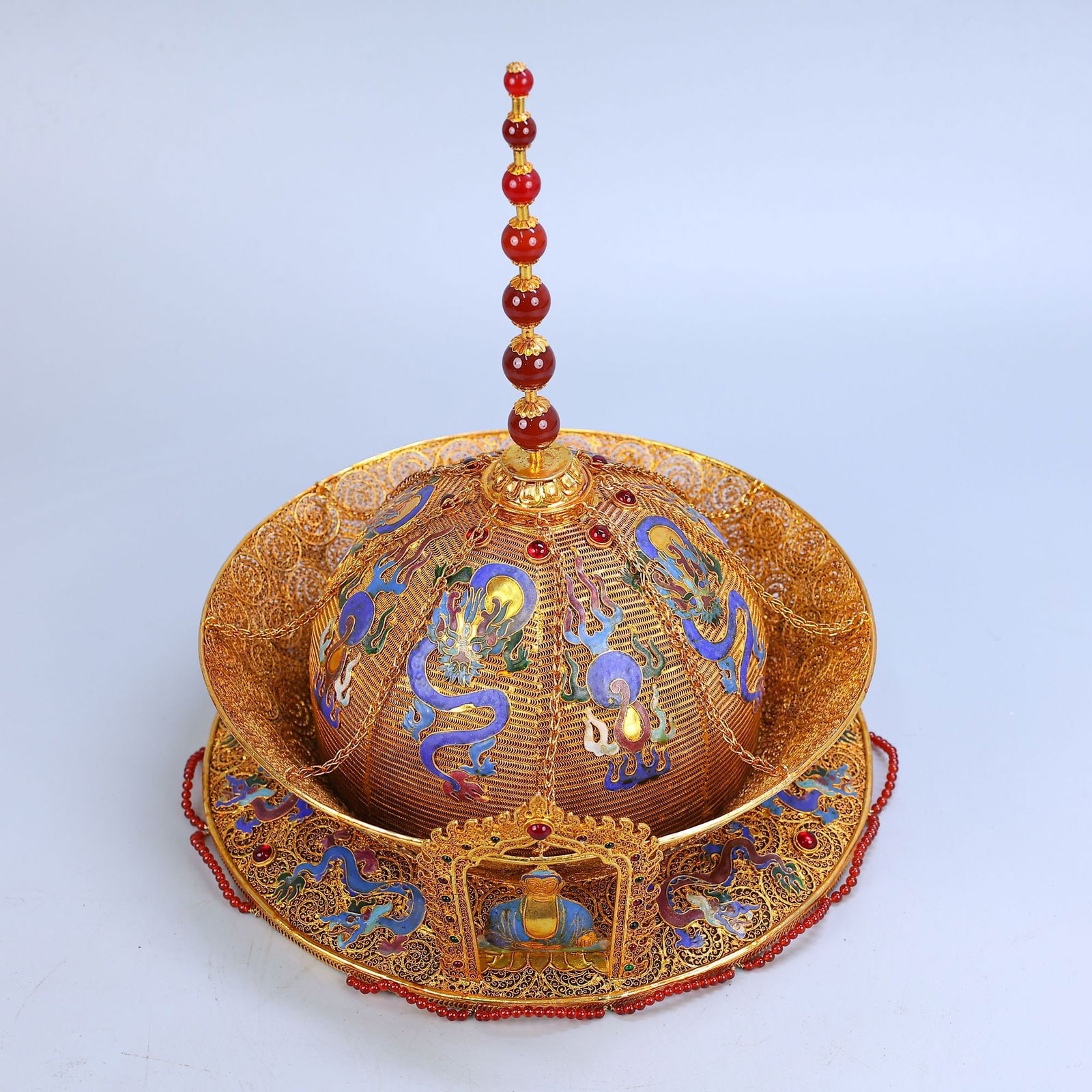 A Exquisite Cloisonne Multi-Gem Inlaid Jade Hat - 7