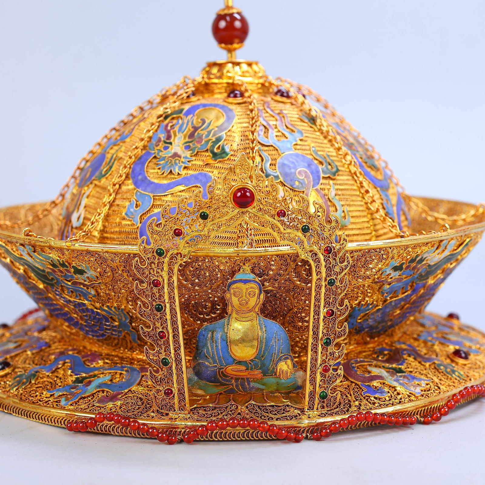 A Exquisite Cloisonne Multi-Gem Inlaid Jade Hat - 8