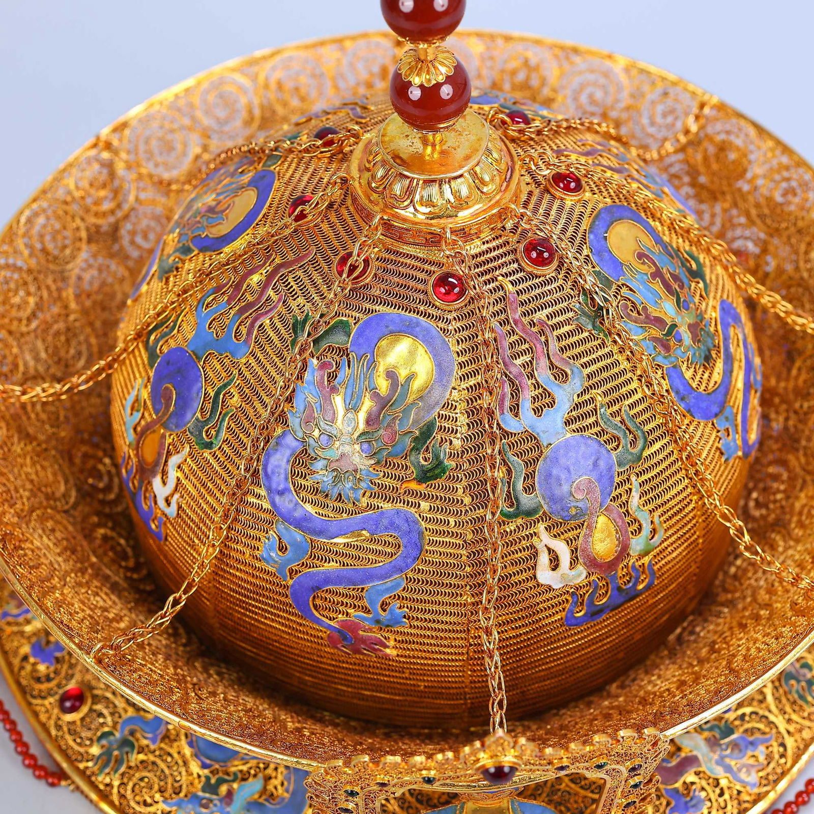 A Exquisite Cloisonne Multi-Gem Inlaid Jade Hat - 9